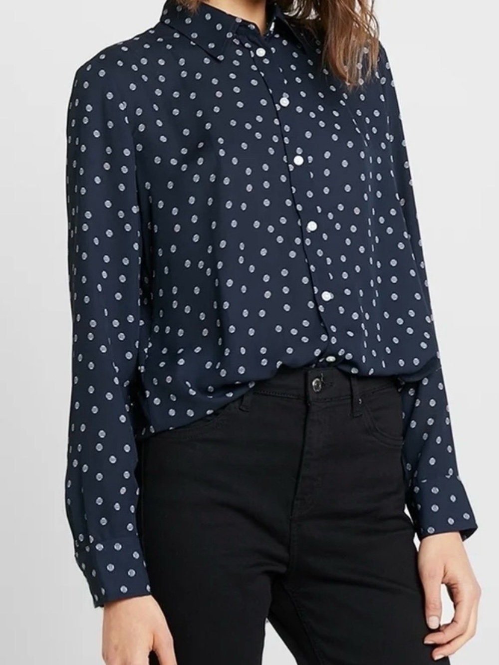Banana Republic polka dot long-sleeve blouse Navy Blue Size Large - Picture 2 of 12